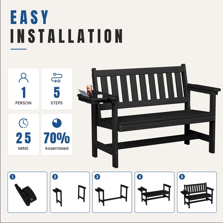 Loyalice 2-Person Outdoor Bench, Black with Fold-Out Tray photo 5