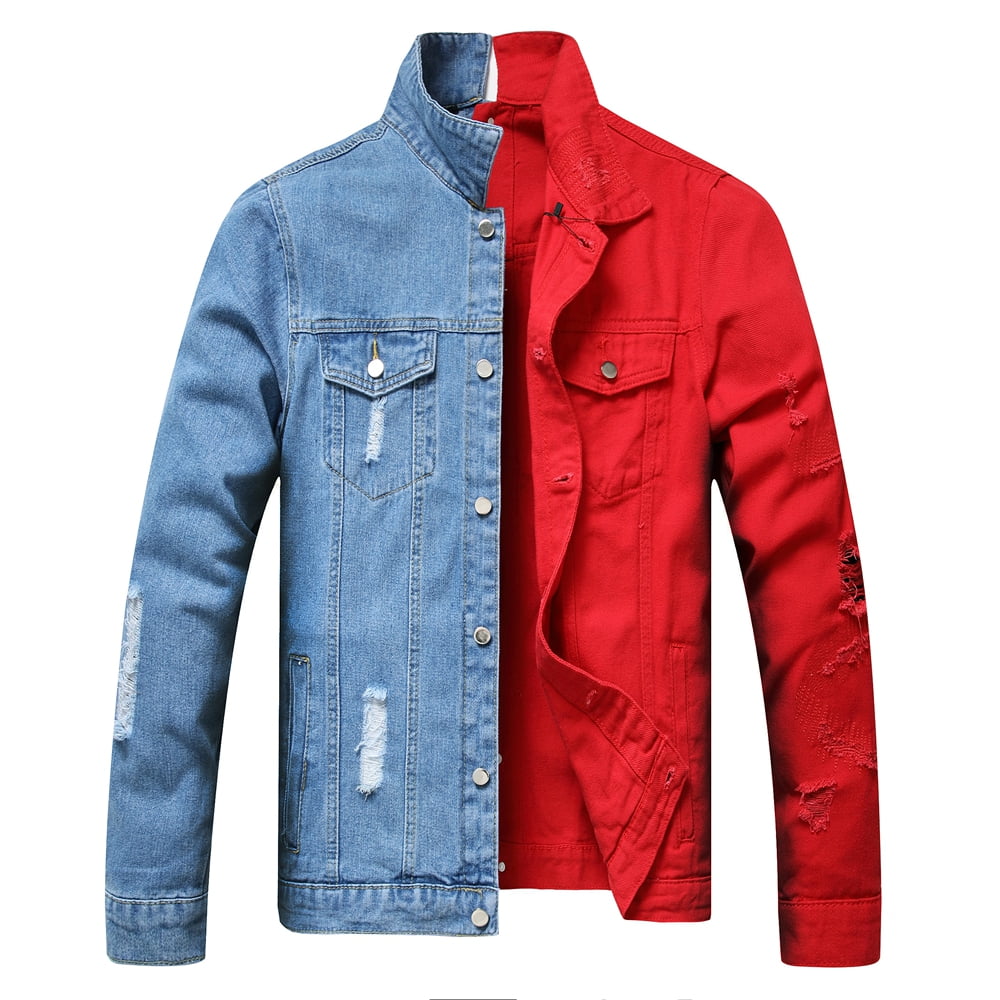 LZLER Men Red And Blue Jean Jacket Ripped Color Block Male Denim Jacket 