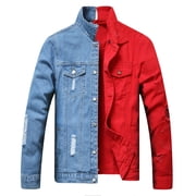 LZLER Jean Jackets for Men Ripped Blue Red Denim Jacket