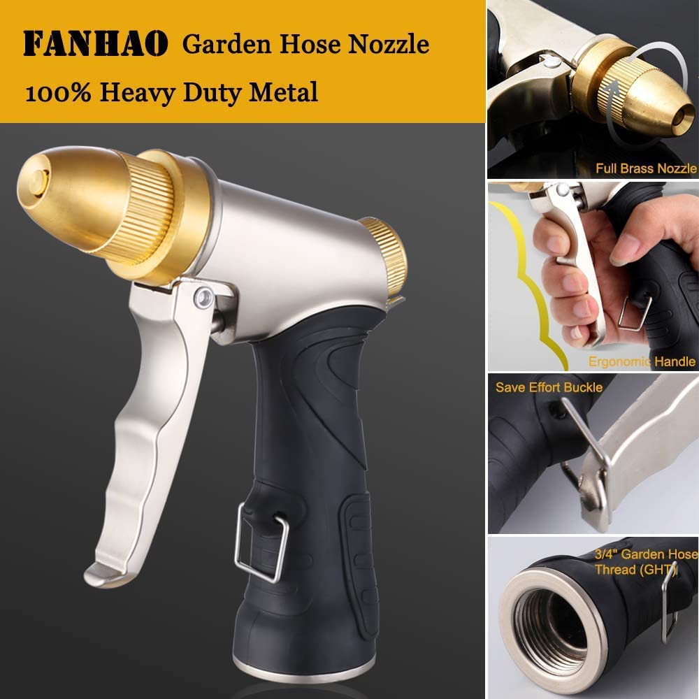 FANHAO Garden Hose Nozzle, Heavy Duty Metal Watering Hose Nozzle with 4 Patterns, Abs Non-Slip Grip