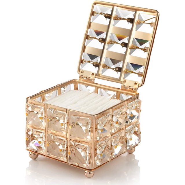 Laklulu Crystal caja de cosméticos, pequeña caja de cosméticos con tapa y soporte para hisopos de algodón, caja de cosméticos con patrón de diamante cuadrado