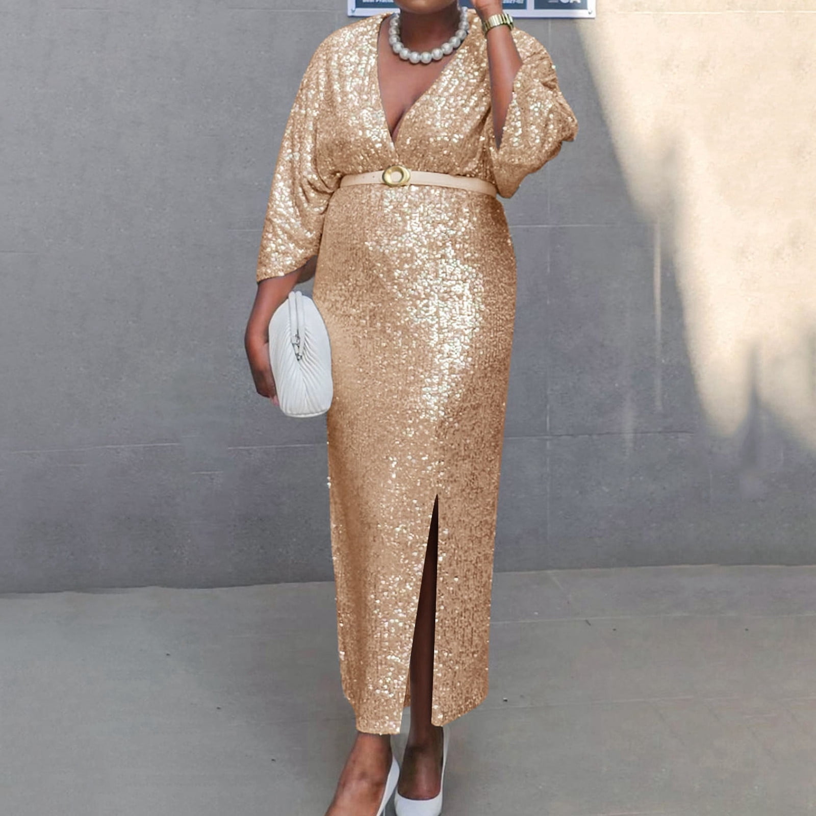 JIANJIA Casual Dresses For Womens Solid Color Plus Size V Neck Sequin Stylish Sexy Bodycon Evening Gown Cocktail Dress Activewear,Gold,XXXL
