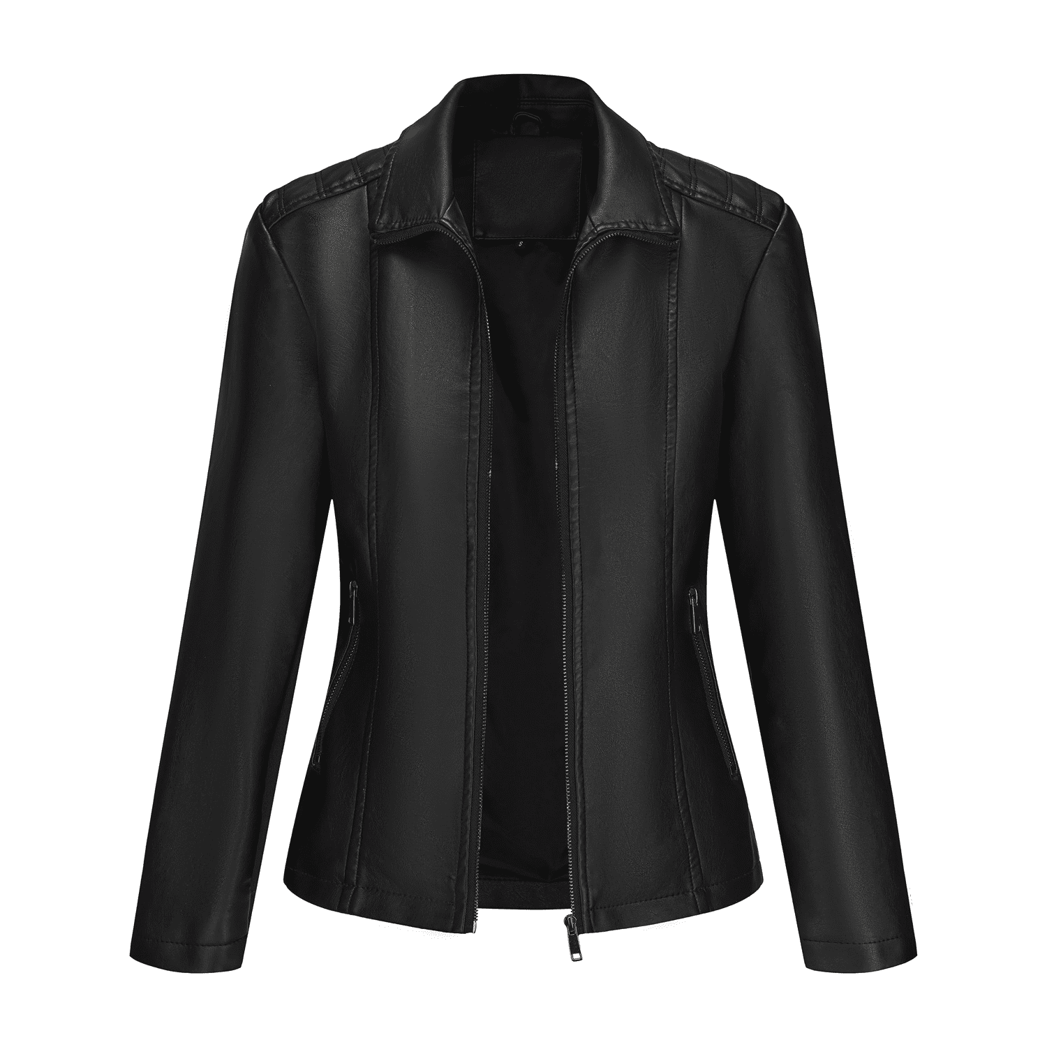 Panan Women's Faux Leather Jacket with Collar Long - Sleeve, Full - Zip Front & Side Zipper Pocket