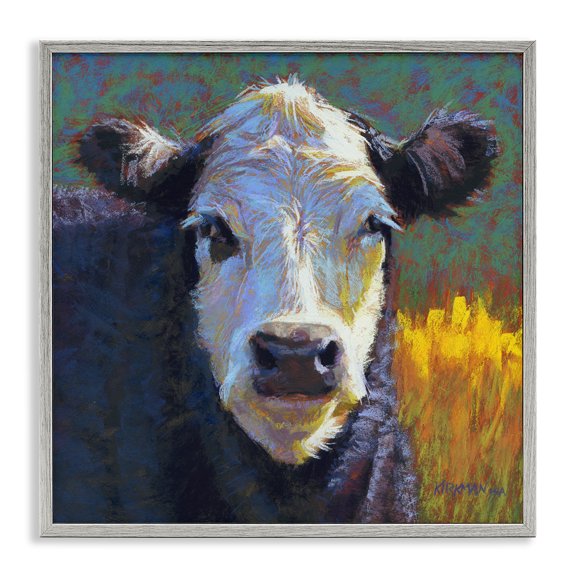 Stupell Industries Farmhouse Fuzzy Cow Farm Animal Portrait Gray Framed Giclee Art, 17 x 17, by Rita Kirkman