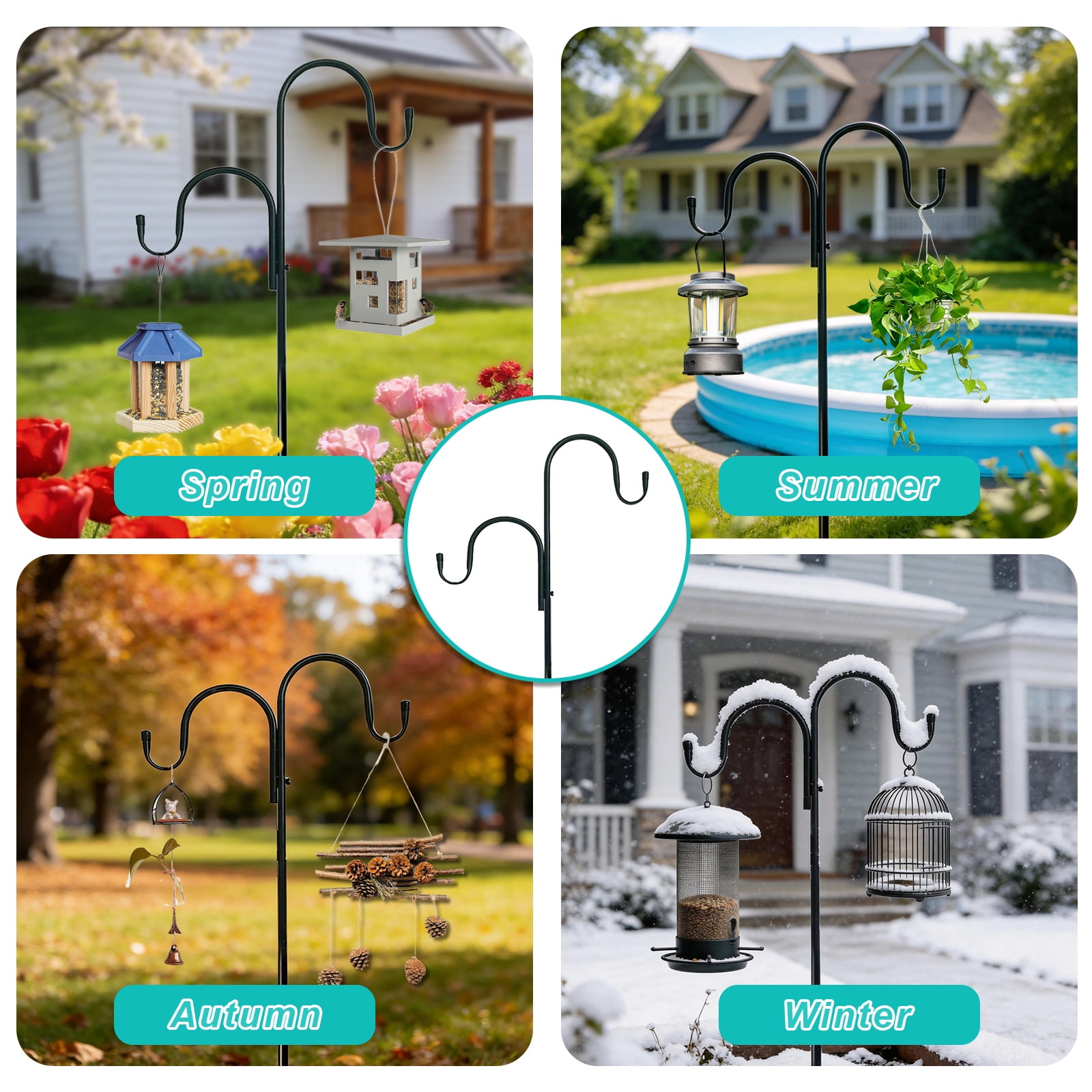 AGCAN Double Shepherds Hook for Outdoor, Heavy Duty Bird Feeder Pole with 5-Prong Base, Adjustable 94 Inch Garden Hook for Hanging Plant Baskets, Solar Light Lanterns, Wind Chimes