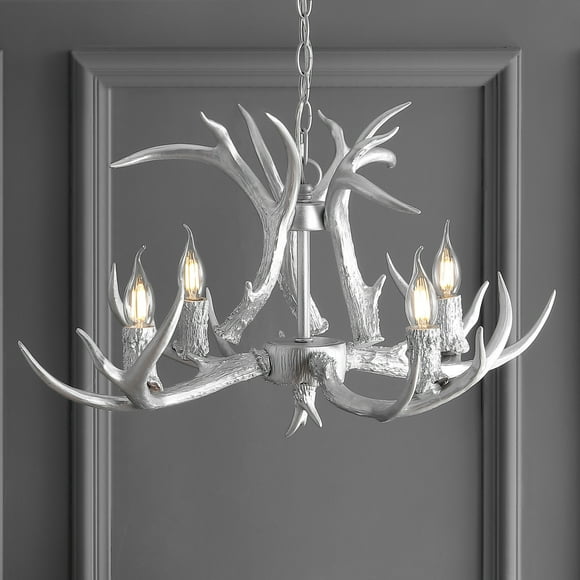 JONATHAN Y JYL6301C Eldora 26" Adjustable Resin Antler 4-Light LED Chandelier Glam,Rustic,Cottage Dimmable, for Dining Room, Foyer, Bedroom, Silver