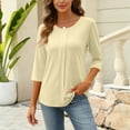 thumbnail image 4 of Womens 3/4 Length Sleeve Shirts Crewneck Spring Summer Pleated Tops Casual Beach Vacation T Shirts Beige M, 4 of 4