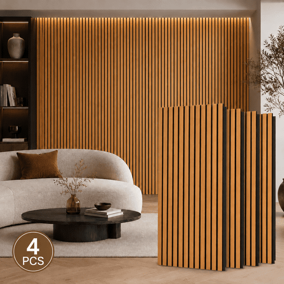 4-Pack Wood Slat Acoustic Wall Panels, 23.5" x 47.1" MDF Slat Wall Paneling for Modern Interior Wall Decor, Sound Absorbing Accent Panels, 31 Sq. Ft,Teak