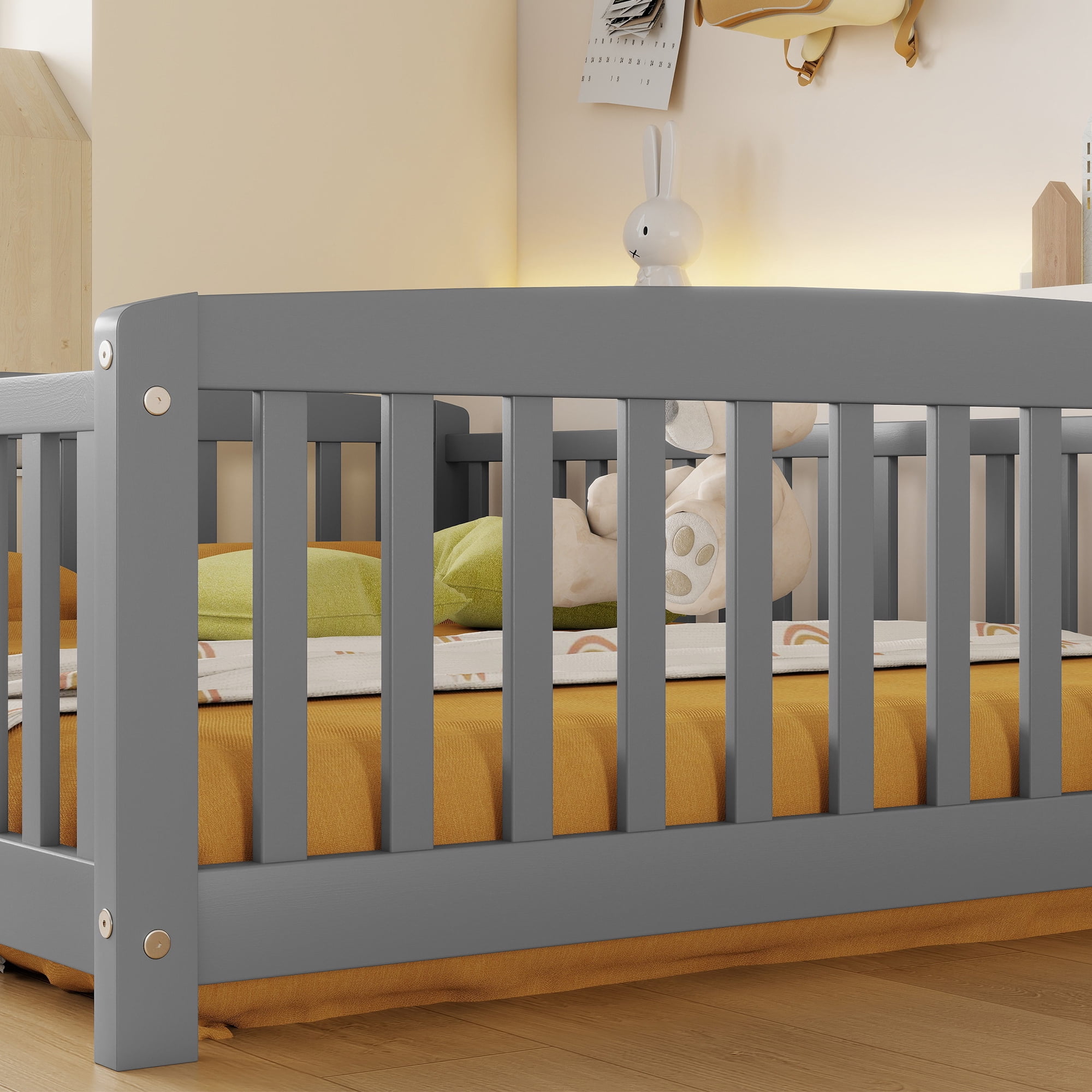 Mintazer Full Size Toddler Floor Bed with Guardrails & Central Entrance, Grey
