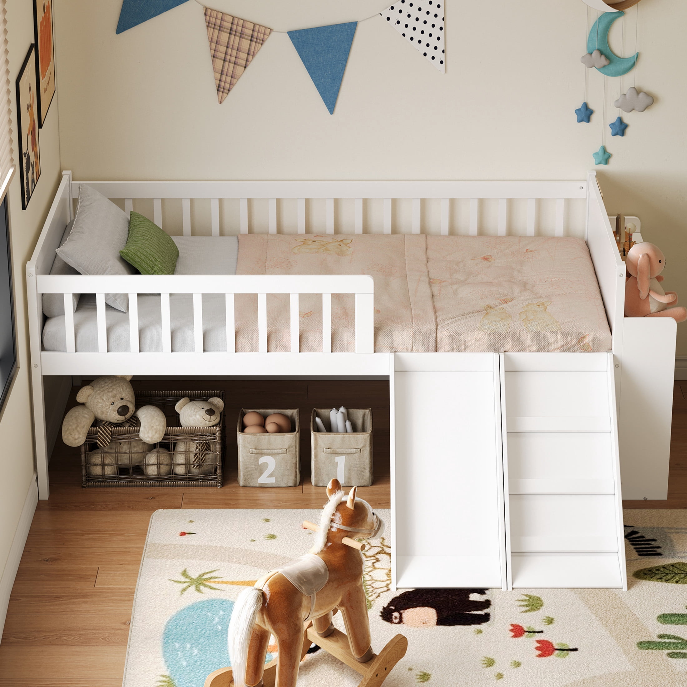 Noble House Twin Bed Frame with Storage Shelf, Platform Bed with Slide and Guardrail, White