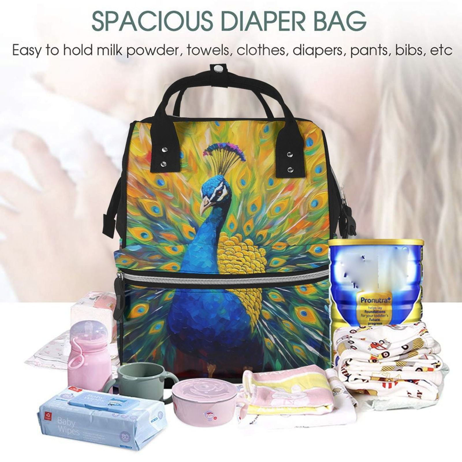 Ratiio Peacocks Mummy Backpack - Waterproof Twill Canvas, Large Capacity Diaper Bag with Multiple Pockets and Adjustable Straps