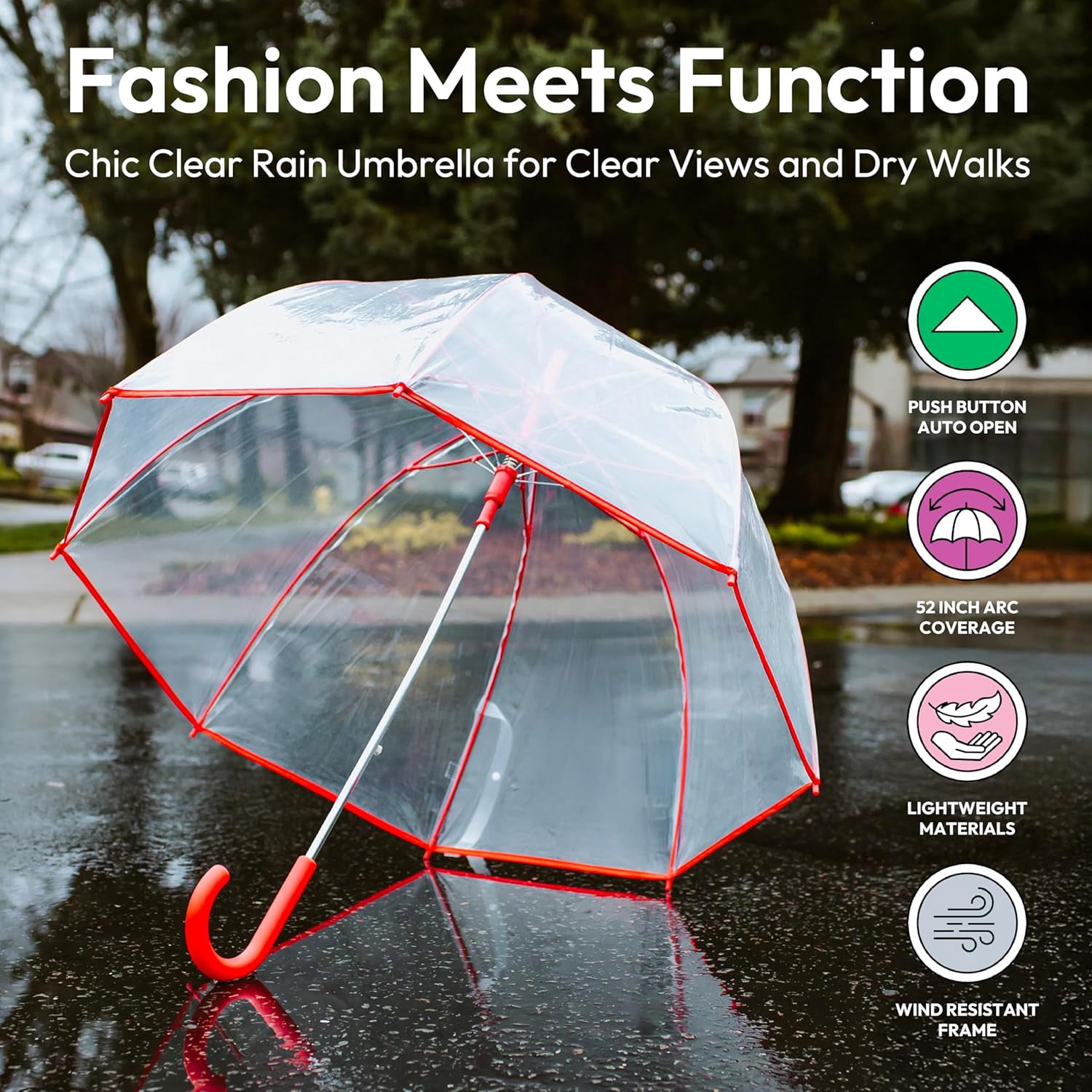 General Adult Clear Bubble Rain Umbrella with Dome Canopy and Lightweight Wind and Rain Protection