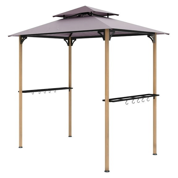SAZYY 8x5 Grill Gazebo with Double Tiered Roof, Barbecue Shelter with 2 Side Shelves & 10 Hook for Patio Garden