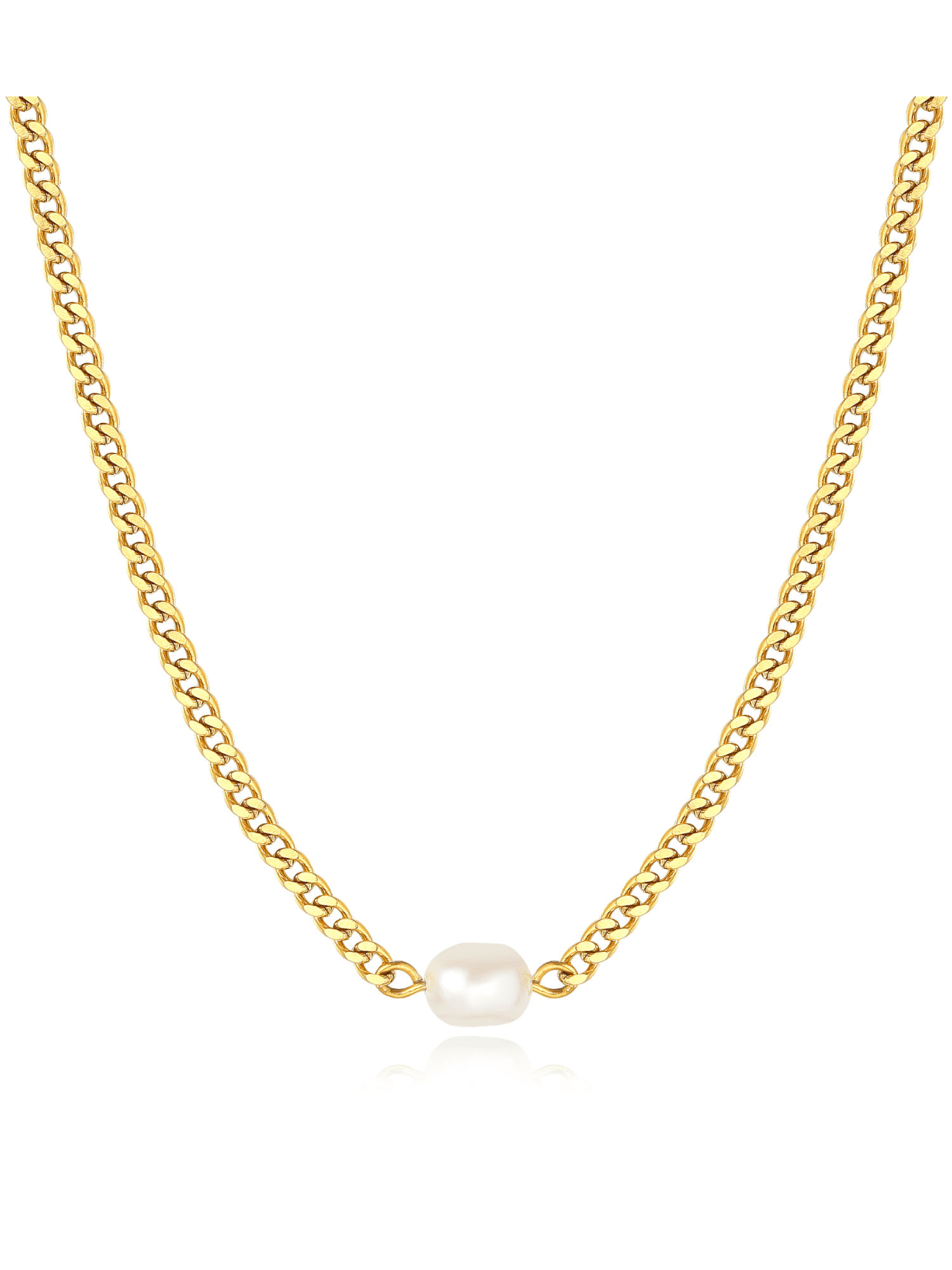 ISAACSONG Chunky 18k Gold Cuban Link Chain Choker Necklace with Pearl, Gold Chain Choker