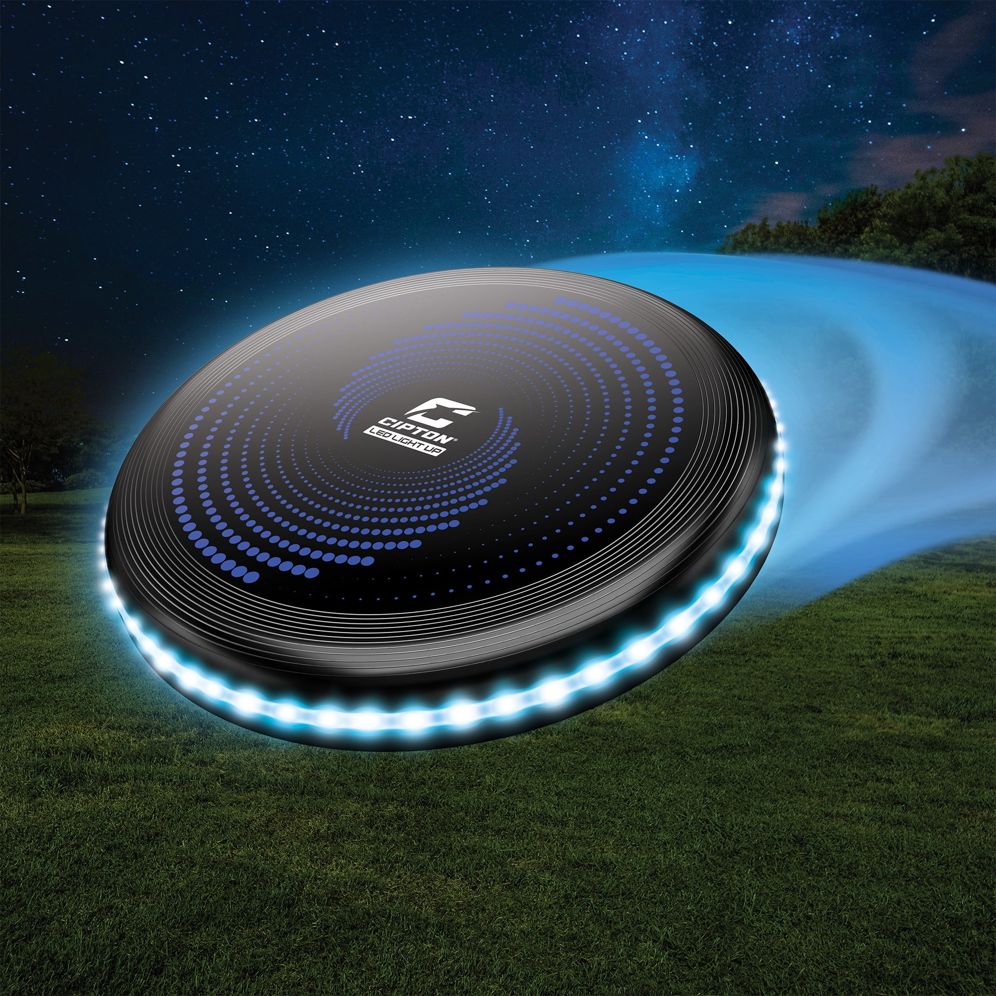 CIPTON LED Light Up Flying Disc, 190g Official Size Outdoor Frisbee, Battery Powered Blue LEDs, High Visibility Water Resistant Disc for Night Play