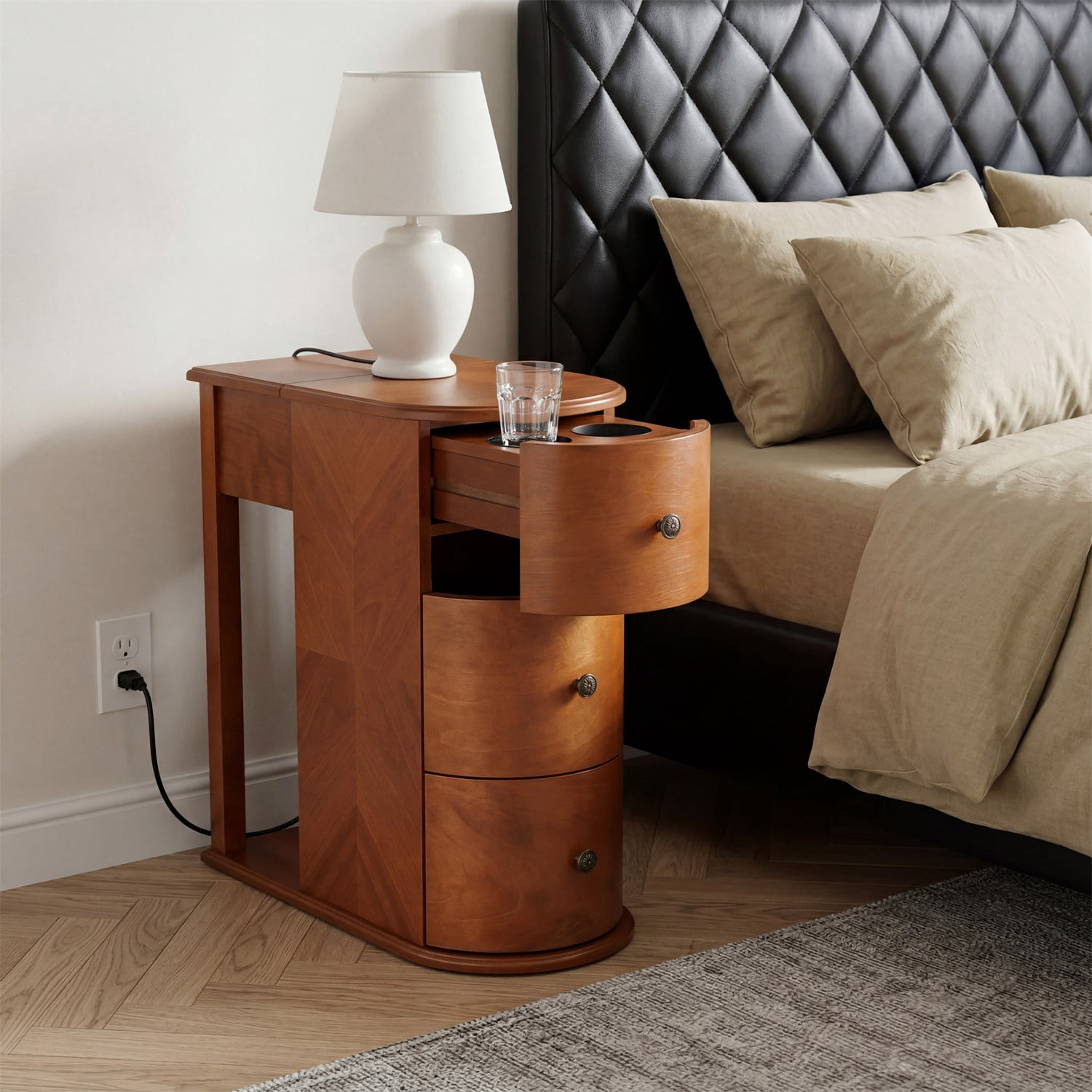 Hommoo Modern End Table with Hidden Dual Cup Holders, Built-in Charging Station, Pull-Out Side Table & 2 Deep Storage Drawers, Space-Saving Bedside Table for Bedroom and Living Room, Walnut