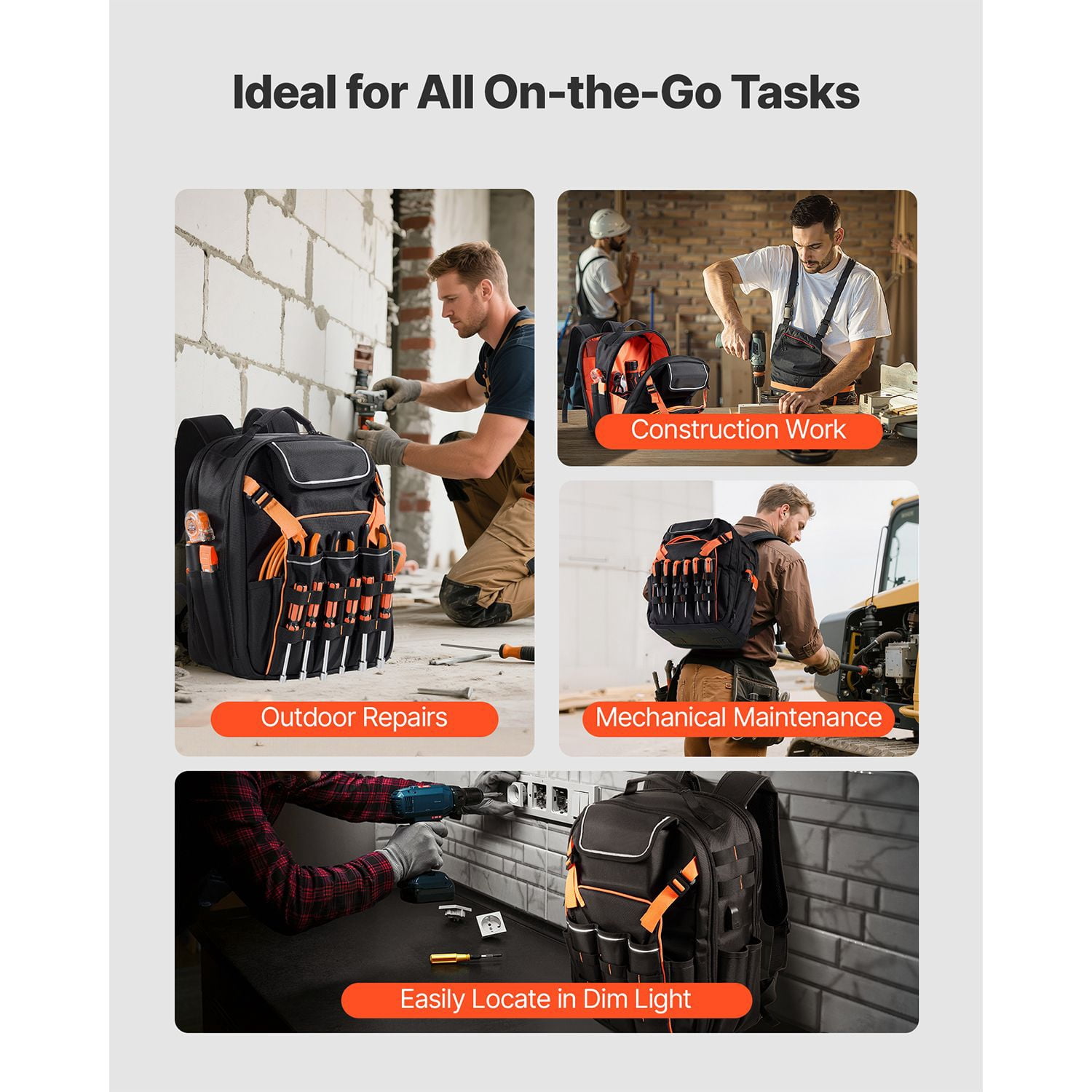 Tool Backpack 45 Pockets 1680D Oxford 50 lbs Capacity with Laptop Compartment for Electrician