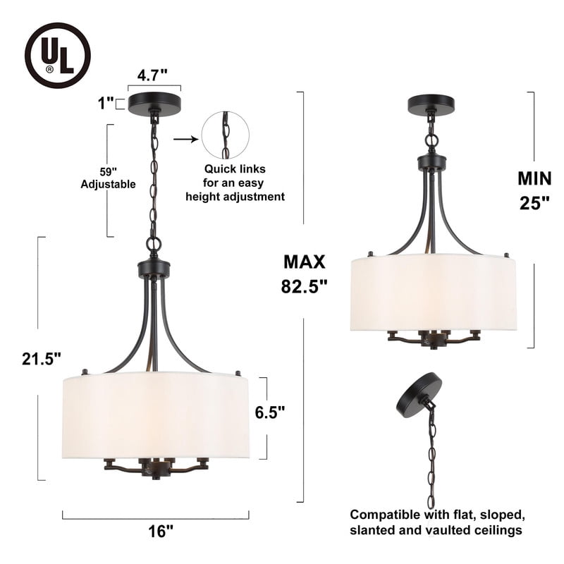 LNC 16-in Black Drum Pendant Light with Linen Shade, Adjustable for Dining & Entryway