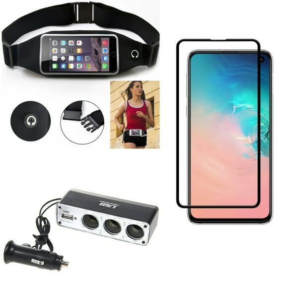 Galaxy S10e Car Charger Splitter w Running Waist Bag w Screen Protector - DC Socket USB Port Power, Belt Band Sports Gym Workout, Tempered Glass 5D Curved Edge for Samsung Galaxy S10e Phone