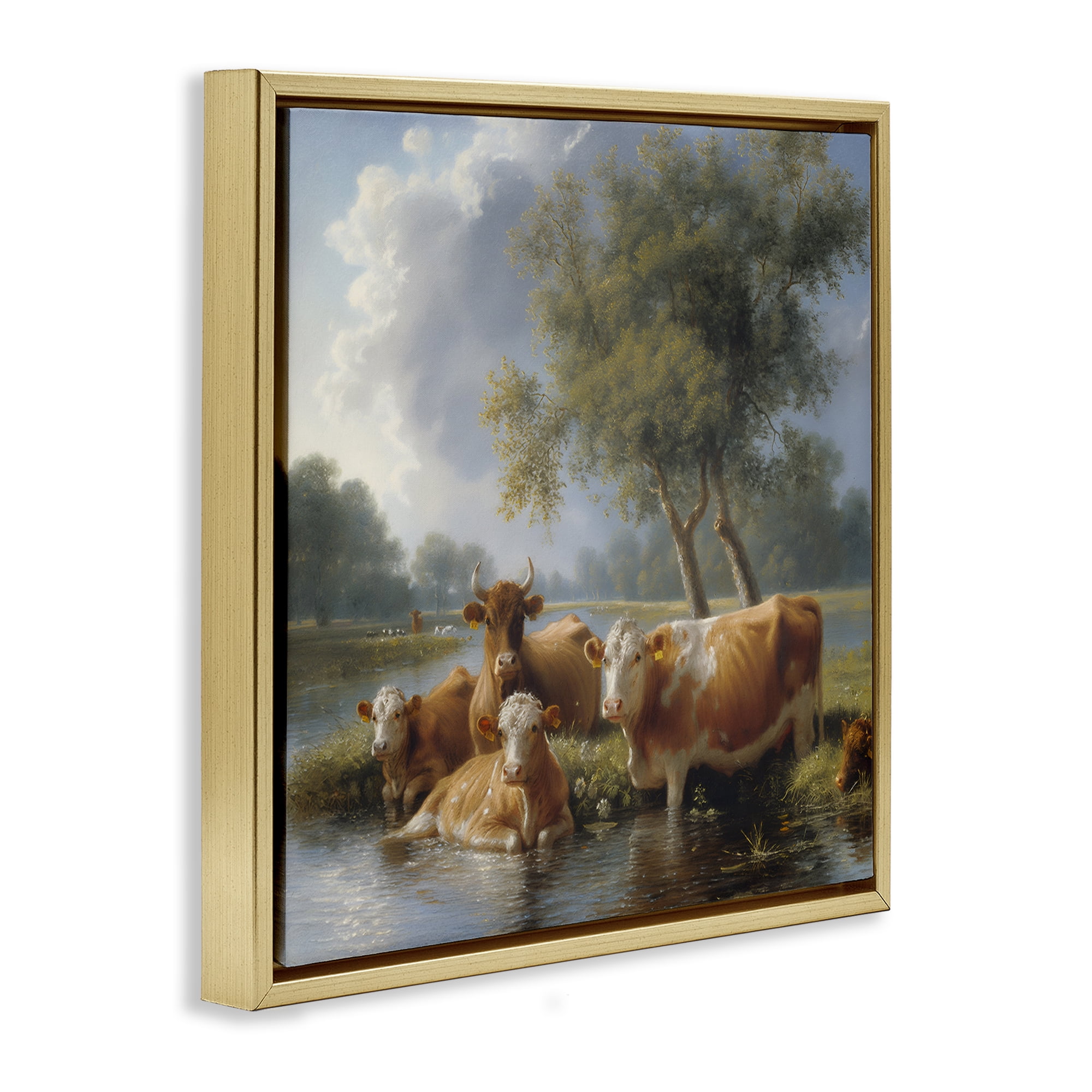 Stupell Industries Cow Family Charming Scene Animals Painting Gold Floater Framed Canvas Art Print Wall Art, 25 x 25