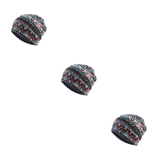 Tuque Style Bohème Hijab Imprimé Floral Turban Protection des Oreilles Bonnet Bleu Losange Ensemble de 3