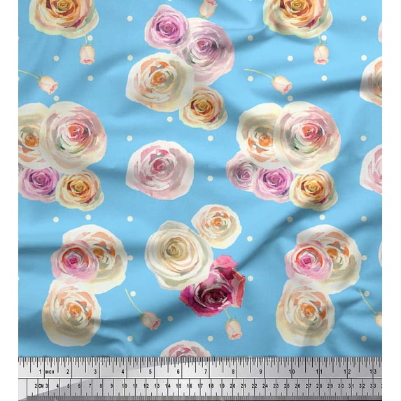 Soimoi Blue polyester Crepe Fabric Dot & Ranunculus Floral Fabric Prints By Yard 52 Inch Wide