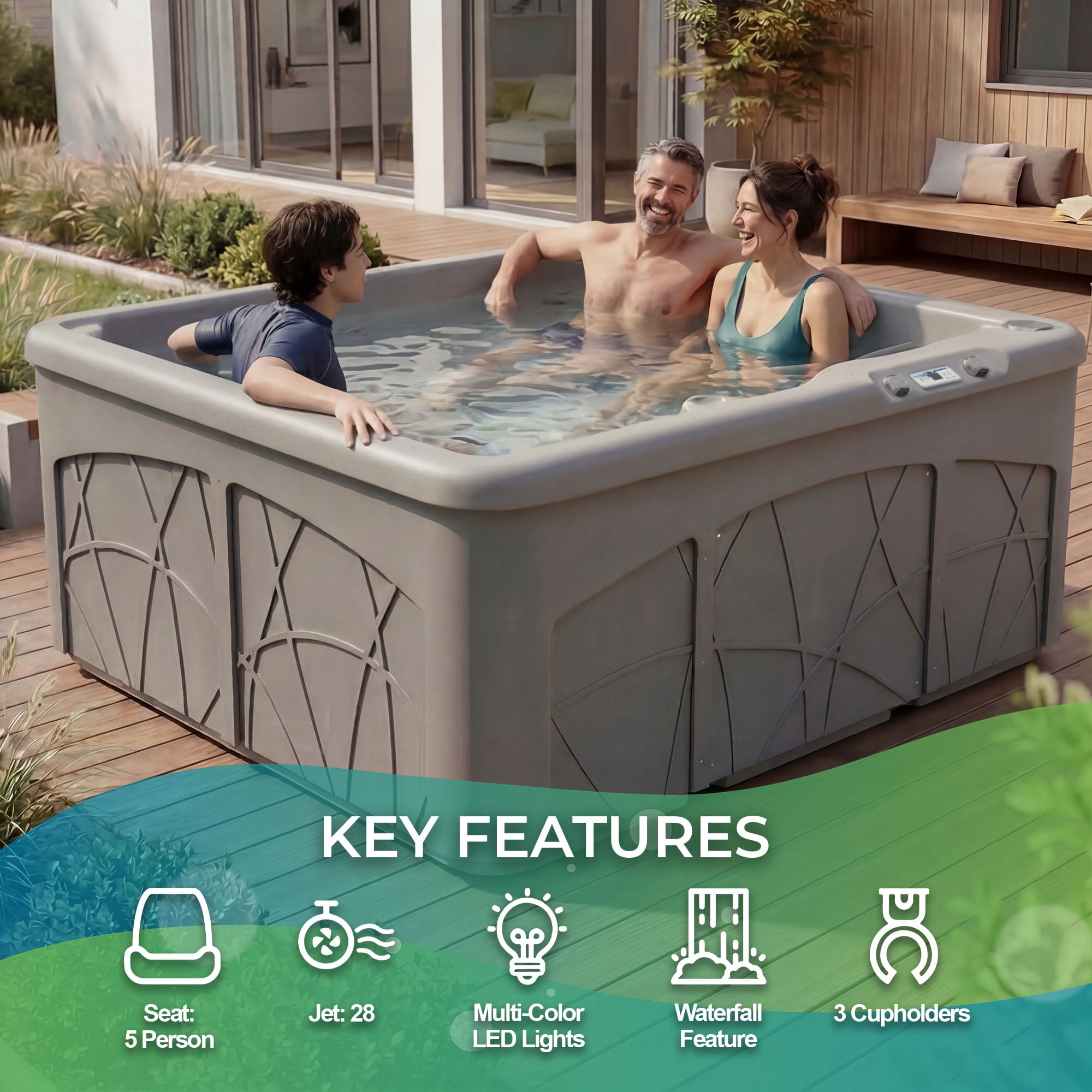 Lifesmart LS350DX Pillow Bundle 5-Person Outdoor Patio Hot Tub Spa W/ 28 Jets & Cover, Taupe with Spa Pillows included!