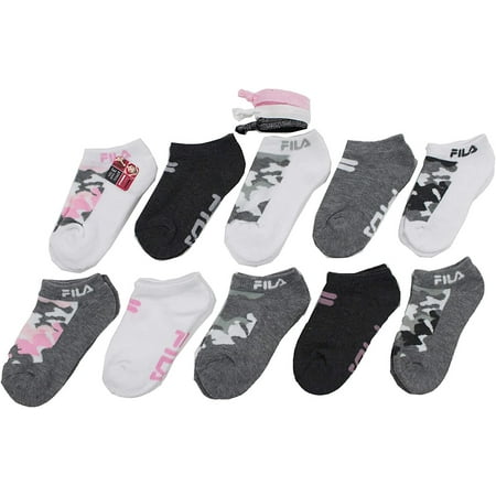Fila Kids Girls 10-Pack Half Cushion No Show Socks with Hair Ties Camo - Blush, Girls Large Shoe Sizes 4-10