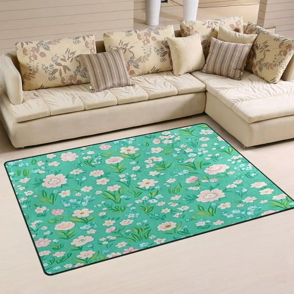 Mint Green Floral Pattern Soft Polyester Area Rug 31''x20'', Non Slip, Memory Foam, Water Absorbent
