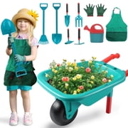 JoyStone Kids Gardening Tool Set with Wheelbarrow, Watering Can, Gloves, Shovel, Rake, Apron, Durable Plastic, Ages 3-6