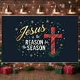 thumbnail image 2 of Gold Lettering Jesus Banner Red Plaid Cross Christian Banner Snowflake Decor Star Pattern Christmas Banner for Christmas Celebration Church Event Christian Gathering, 2 of 7