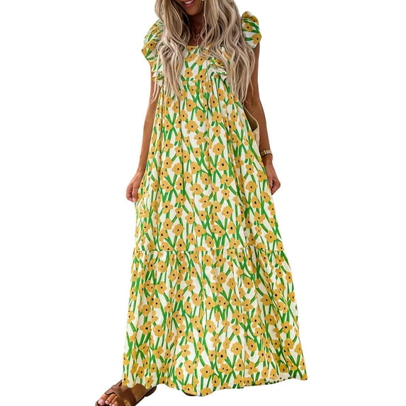 Women Elegant Bohemian Floral Dress Ruffle Fly Sleeve Maxi Dresses Summer Backless Straps Beach Tiered Swing Dress for Club Party Vacation