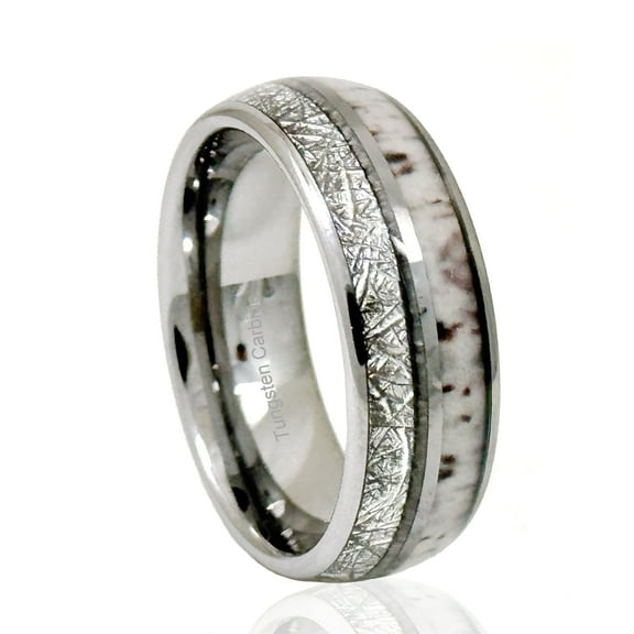 Tungsten Wedding Band Ring 8mm Men's Engagement Silver with Deer Antler and Meteorite Inlay Comfort Fit