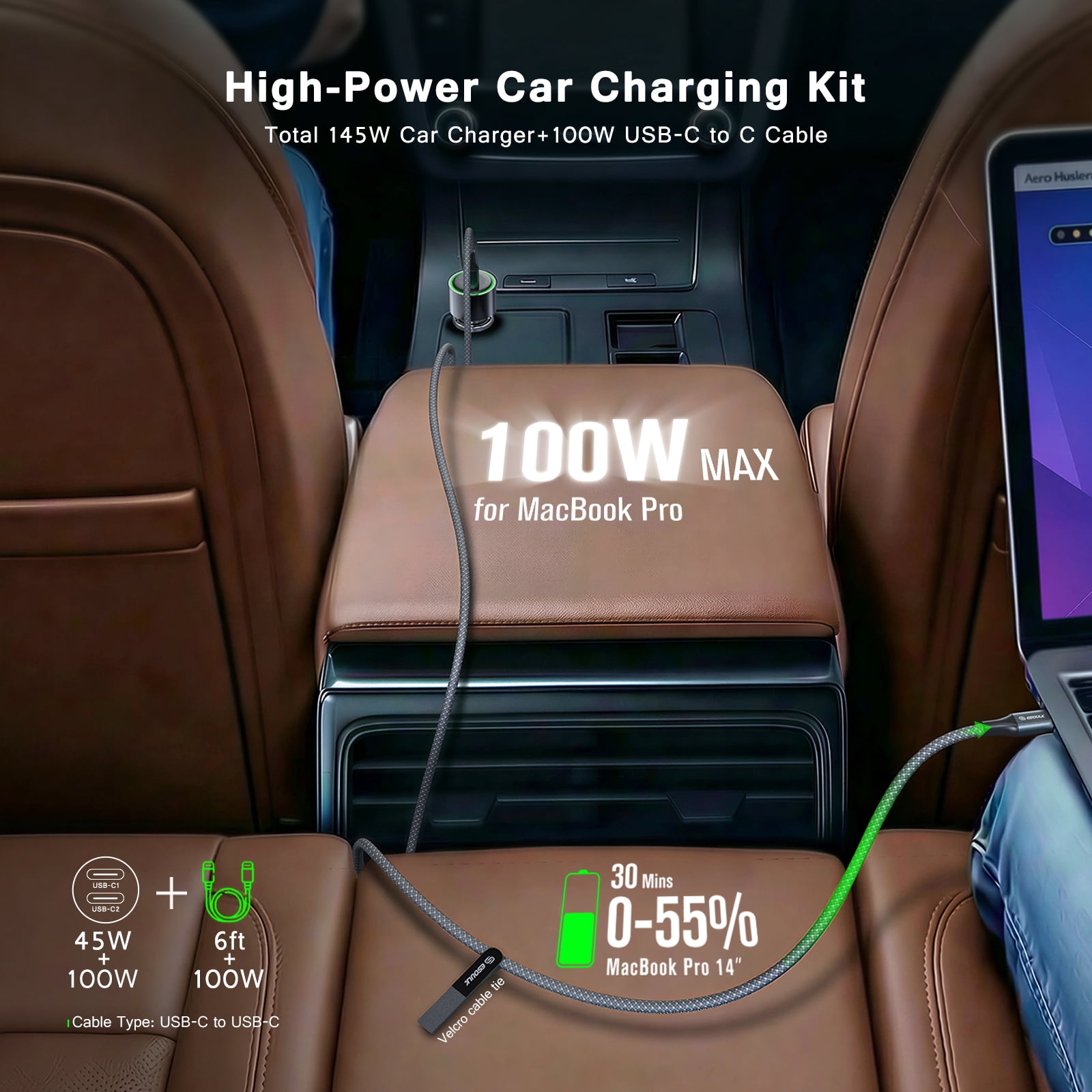 Esoulk 145W Fast Charging Car Charger For Macbook, Laptop, Tablet, Samsung S26 Ultra iPhone 17 Pro Max with 6' 100W USB-C