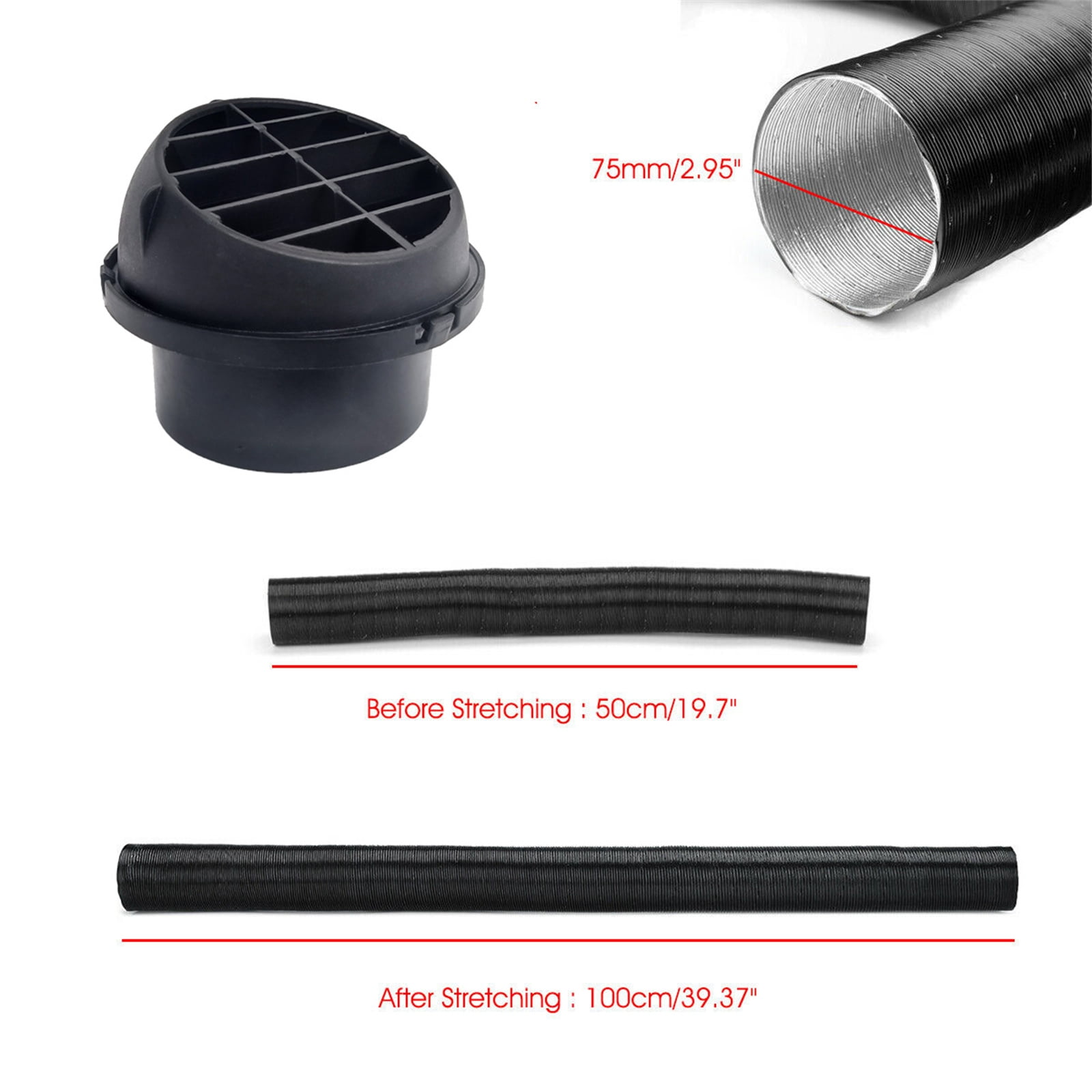 75mm Diesel Parking Heater Warm Air Vent Kit with 2 Flexible Duct Hoses T Shape Connector 2 Round Air Outlets and 4 Clamps