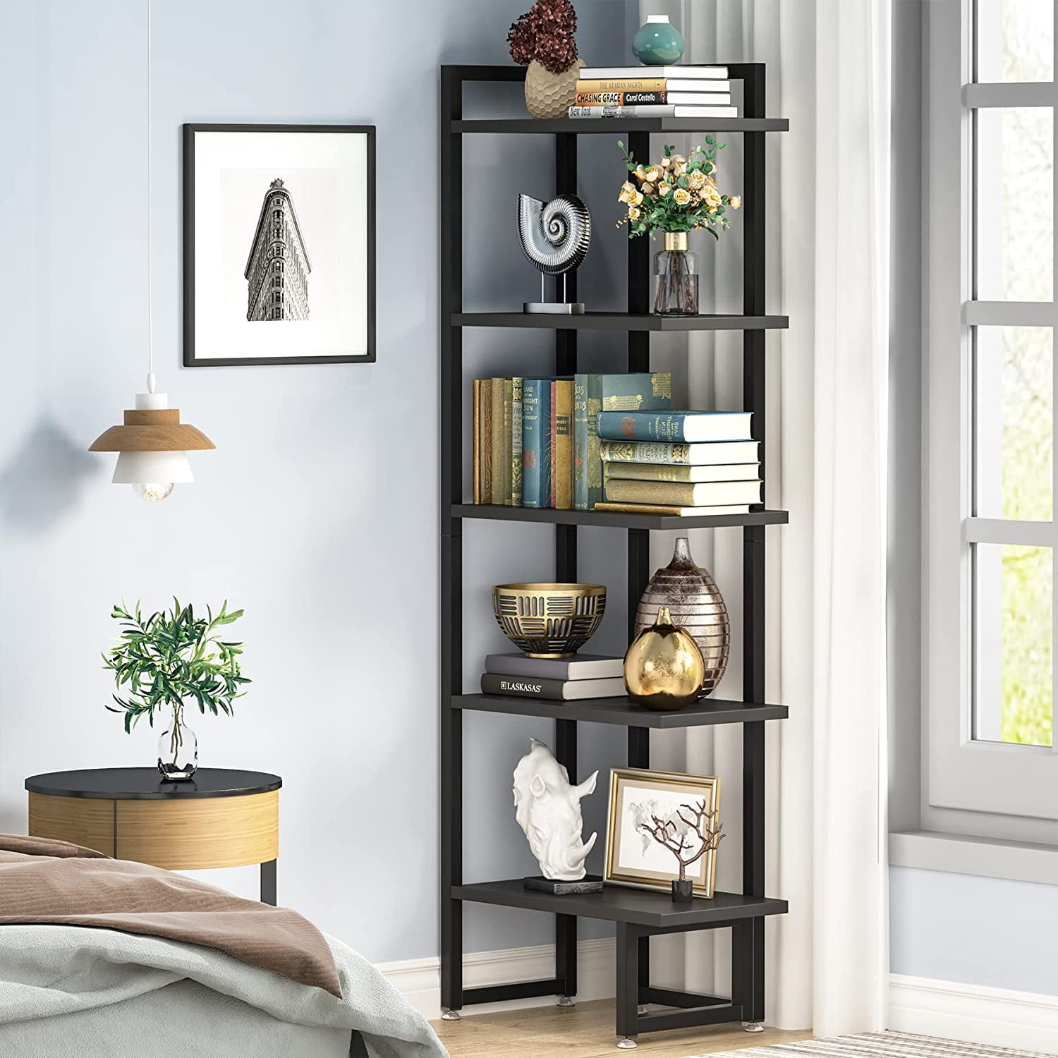 Tribesigns Black Metal 5-Shelf Corner Bookcase (31.49-in W x 65.74-in H x 31.49-in D) | HOGA-JW0236