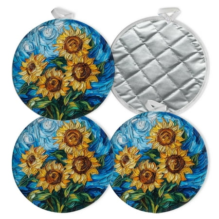 

4 PCS Pot Holders for Kitchen Potholders Sets with Hook for Oven Cooking Baking Van Gogh - Styled Oil Painting Of Sunflowers
