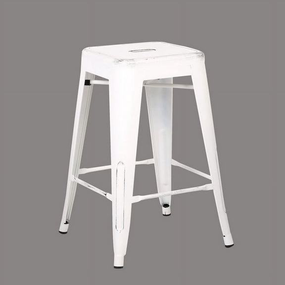 Backless Distressed Metal Barstool, White 24 -inch, Set of 2