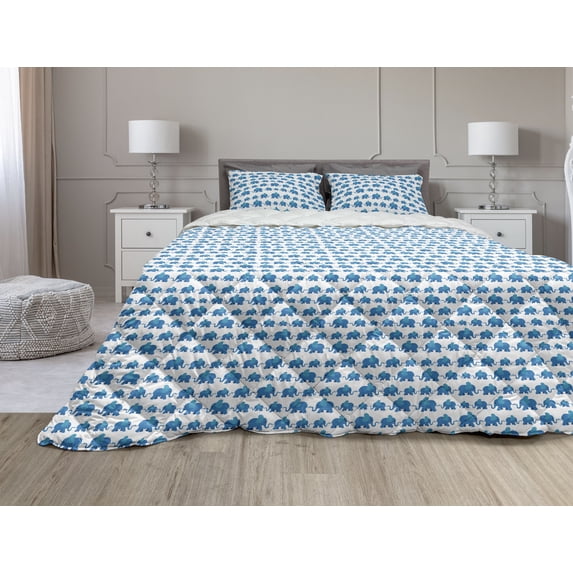 Animal Comforter & Sham Bedding Set, Pattern Theme Blue Color Animals Horizontal Pattern, 3 pcs Duvet Set Microfiber Filling Quilt, 5 Sizes, Blue White, by Ambesonne