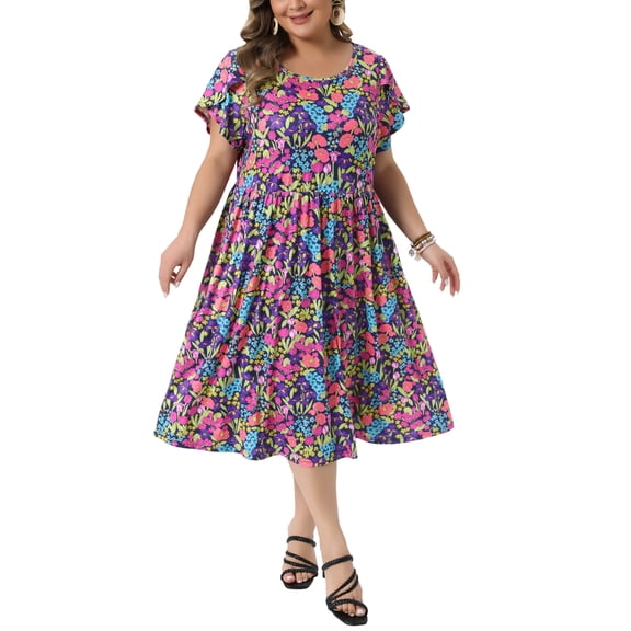 Agnes Orinda Women's Plus Size Easter Dress Floral Print Crew Neck Tulip Short Sleeve Flowy Summer Midi A Line Dresses with Pocket 1X Black Purple
