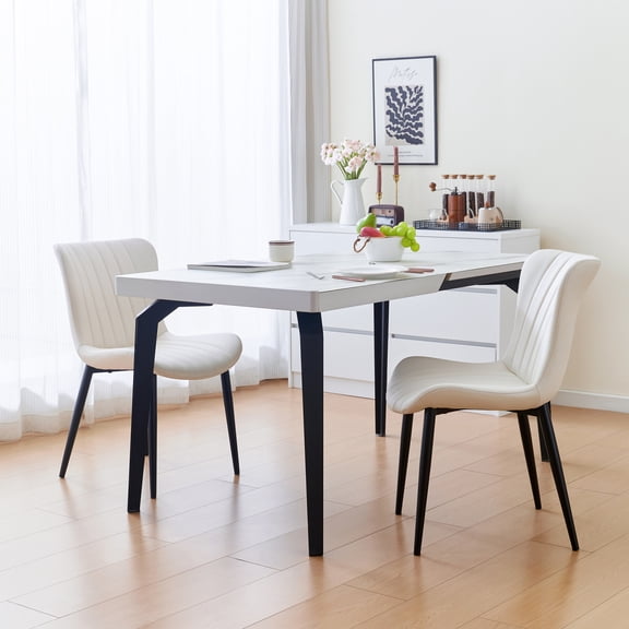 Set of 2 Cream White Dining Chairs: Faux Leather Mid-Century Modern Accent Chairs for Kitchen, Dining Room, Living Room, and Reception