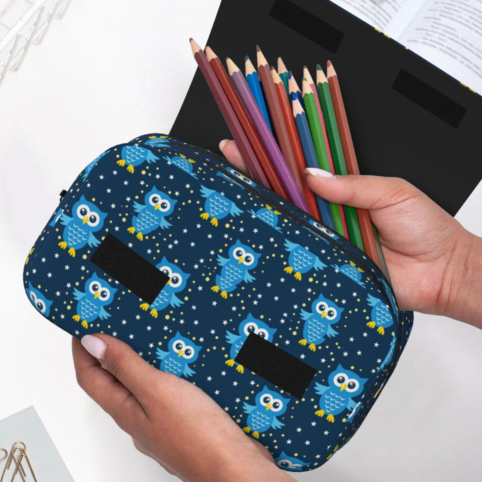 Rateoe Blue Owl Pattern Double Clamshell Pen Case, Storage Organizer with Two Zipper Compartments– Holds Up to 50 Pencils & Pens