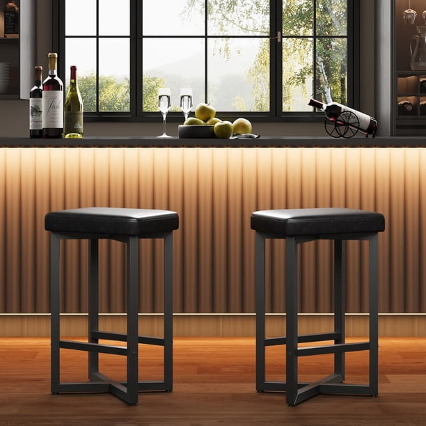 Historyli Juego de 2 taburetes de bar tapizados de 24.6" con altura de mostrador,estructura de metal y reposapiés. Modernos taburetes de cocina sin respaldo de cuero sintético para comedor