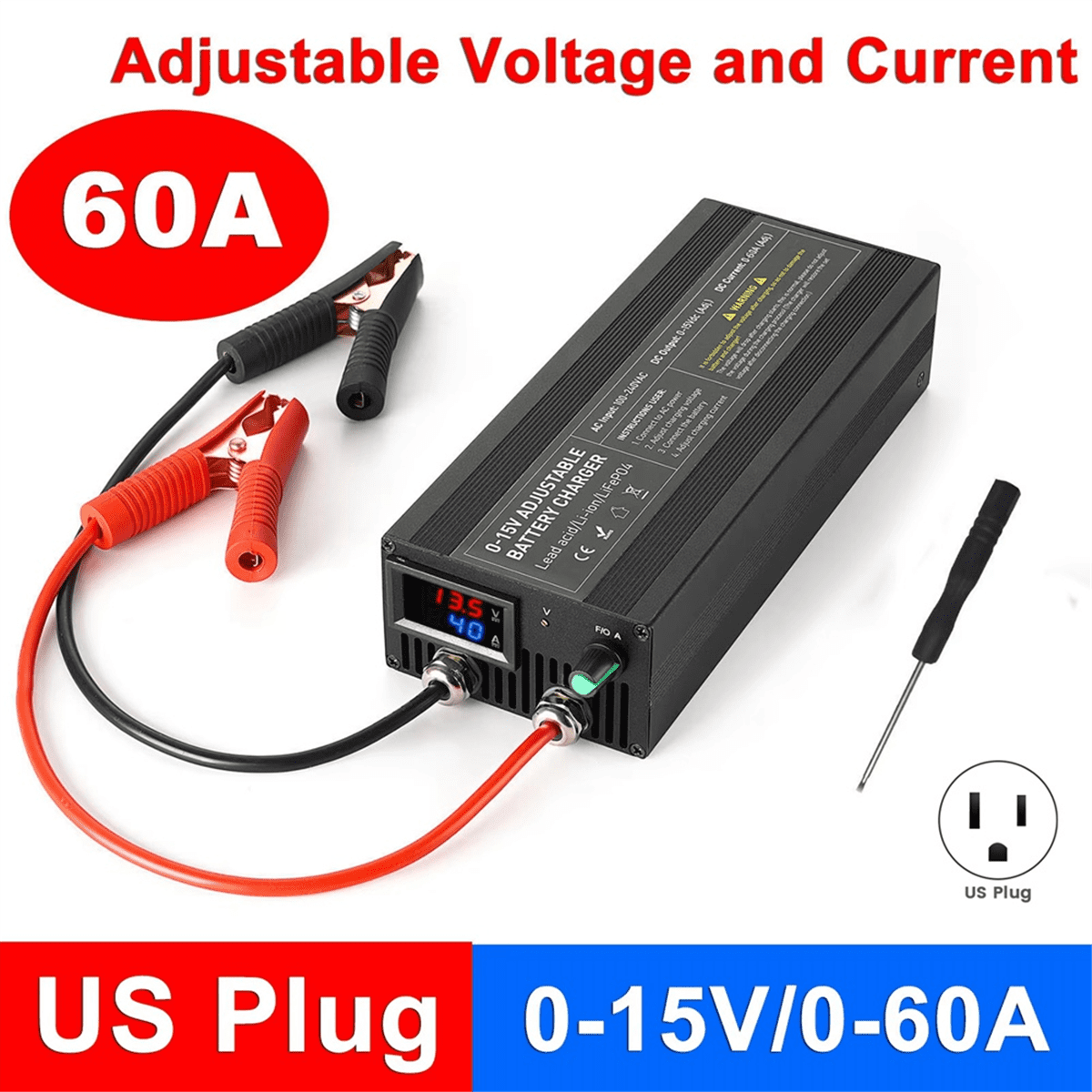 60A Lifepo4 Charger 0-15V Battery Charge Car Fast Charge Lithium Battery Charger 12.6V High Power Adapter US Plug