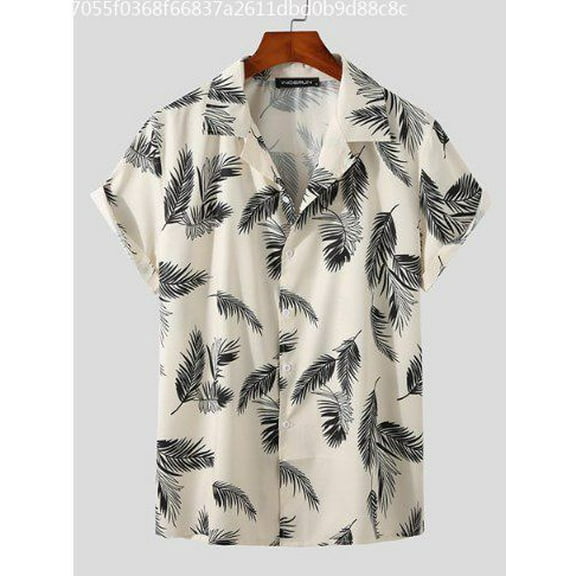 INCERUN Men's Short Sleeve Hawaiian Leaf Printed Shirts Casual Soft Button Down Tops Shirt