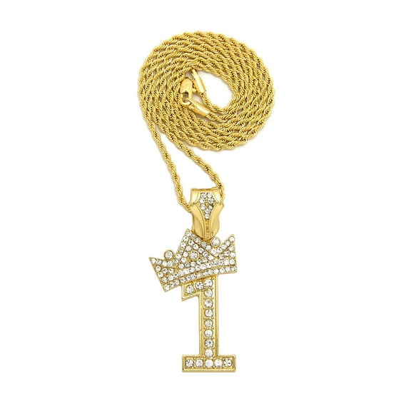 Stone Stud Tilded Crown Number Pendant with 2mm 24" Rope Chain Necklace, 1, Gold-Tone