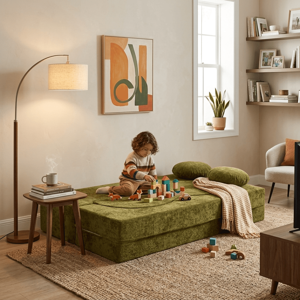 78.74"W Heart-Shaped Convertible Sofa,Floor Couch,Sleeper Sofa Bed,No Assembly High-Density Sponge Loveseat with 2 Heart Pillows for Living Room, Apartment,Olive Green