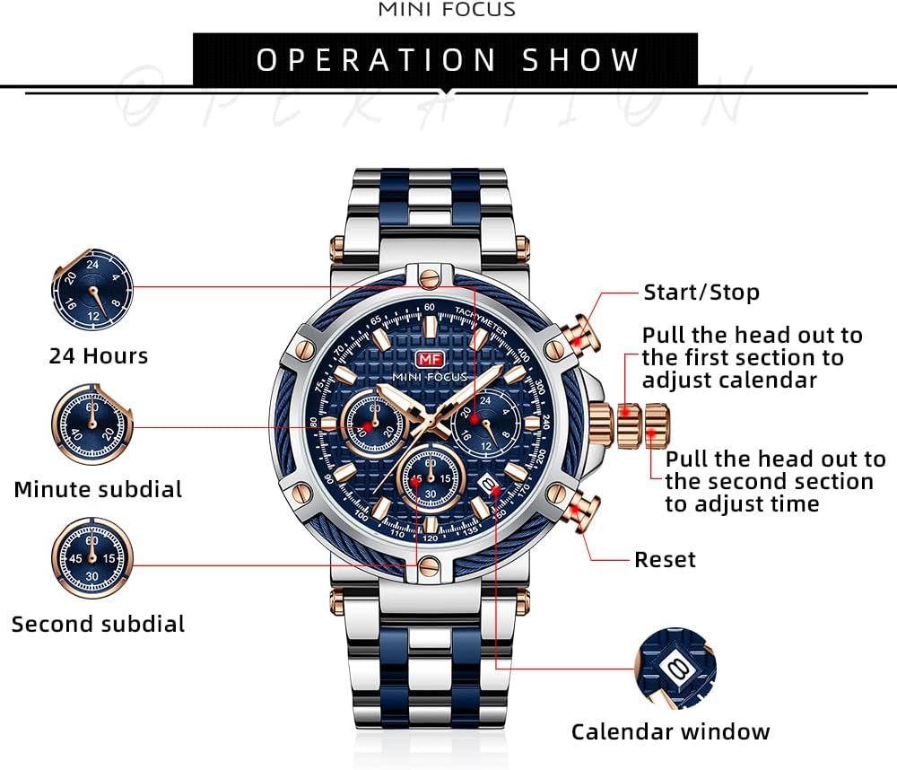 Business Men Watches (Chronograph/Waterproof/Luminous/Calendar/24 Hours) Big Face Stainless Steel Band Watches for Men