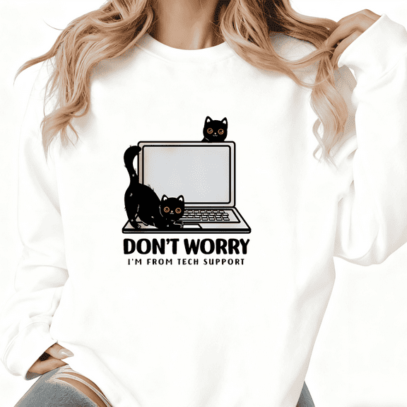 Black Cat Tech Support Print Sweatshirt Graphic Sweatshirt White S-3XL Funny Tops