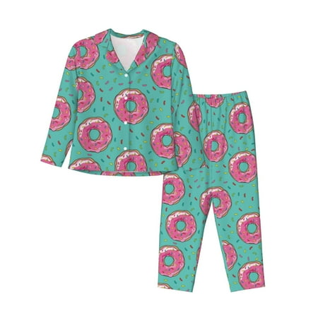 Pajamas for Women Set - Pink Donut Print Green Comfy Long Sleeve Button Up Pajama Sets for Women 2 Piece  Soft Sleepwear Nightwear Pjs Lounge Sets for Women with Pockets